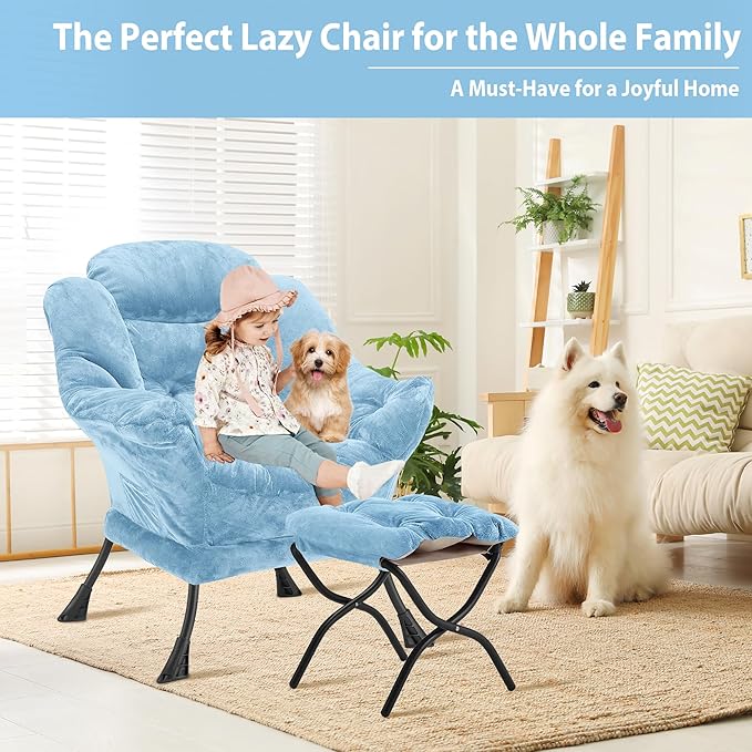 Lazy Chair with Folding Ottoman, Accent Chair Plush Upholstered with Metal Structure and Non-Slip Pads, Sofa Armchair with Footrest and Side Storage Bag for Dorm, Room, Office, Blue