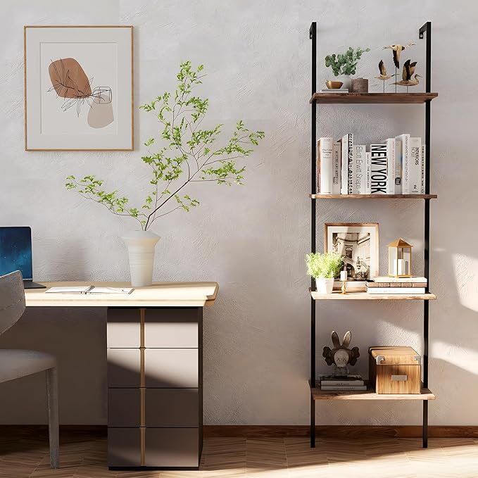 Ladder Shelf 4 Tiers Metal Industrial Bookshelf,Brown Wood Tall Open Storage Rack and Display Shelves,Wall Mount Wide Book Case for Home Office Bedroom,Small