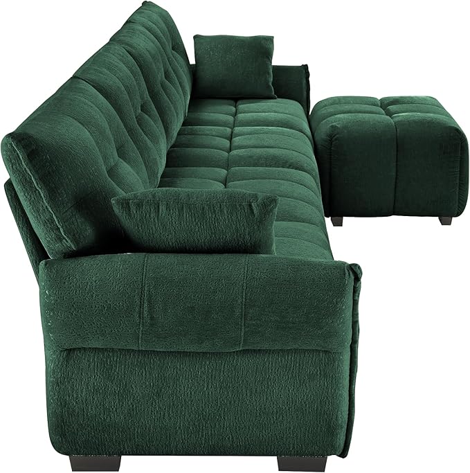 Modern Chenille Fabric 4-Seat Sofa w/Ottoman+2 Pillows, Premium Upholstery Living Room Couch with Tufted Backrest & Comfortable Armrests and High-Resilience Memory Foam Cushions,Green