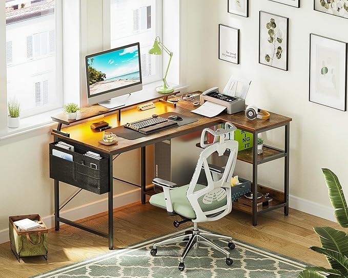 ODK 48 Inch Gaming Desk with USB Charging Ports and LED Lights, Reversible L Shaped Computer Desk with Storage Shelves & Monitor Stand, Corner Home Office Desk Table with Power Outlets, Vintage