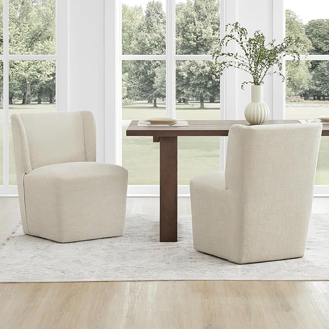 Upholstered Dining Chair with Casters Wingback Modern Side Armless Deskchair with Rollers for Diningroom Bedroom Livingroom Reading Room,Cream Beige,2 Box
