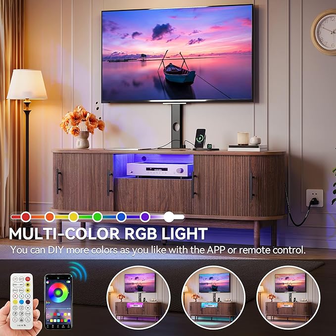 YITAHOME TV Stand with Mount and Power Outlet, Modern Entertainment Center with 3 Height Adjustment TV Mount for 32-70 inch TVs, LED Fluted TV Media Console with Sliding Doors, Curved Profile Design