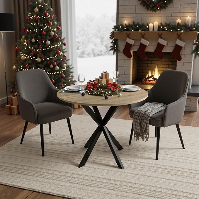 31.5" Round Dining Table for 4, Modern Small Dinner Table Farmhouse Round Kitchen Tables with Metal Legs for Dining Room, Kitchen, Living Room, Rustic Brown & Black
