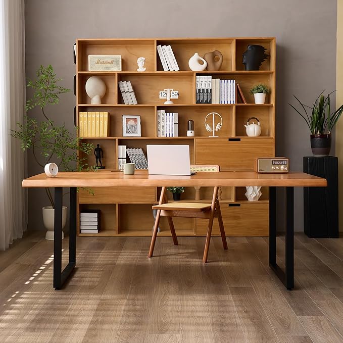 Stylish Solid Wood Office Desk with Sturdy Metal Base - Durable Executive Computer Desk or Dining Table in Multiple Sizes - Perfect for Home Office and Work Environments(Tan70.87in)