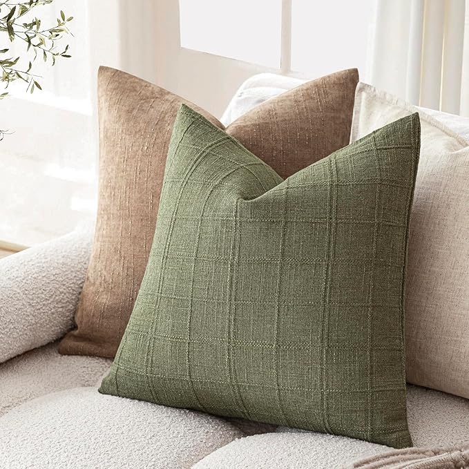 Foindtower Set of 2 Decorative Linen Check Throw Pillow Covers Neutral Farmhouse Vintage Cushion Covers Modern Boho Home Decor for Sofa Chair Couch Bedroom Living Room Outdoor,22×22 Inch,Sage Green