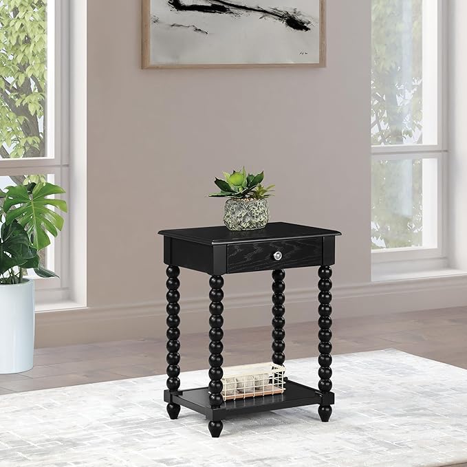 OSP Home Furnishings Elise Cottage Style Table with Spindle Legs, Open Storage Shelf, Side Table, Black Finish