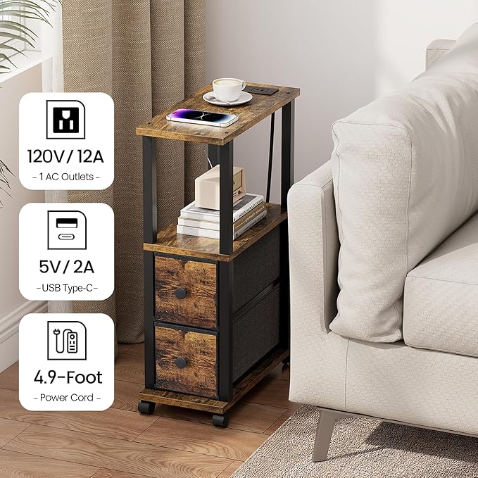TUTOTAK Small Narrow End Tables, LED Side Tables with 2 Fabric Drawers, Set of 2, Bedside Tables with Charging Station for Small Spaces, Slim Nightstands with USB Ports and Wheels, TB01BB053CL