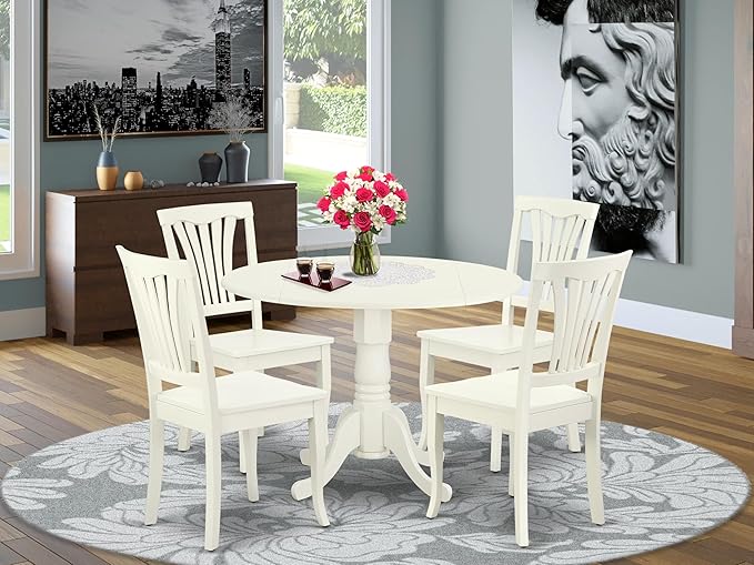 East West Furniture DLAV5-LWH-W 5 Piece Dining Set Includes a Round Dining Room Table with Dropleaf and 4 Wood Seat Chairs, 42x42 Inch, Linen White