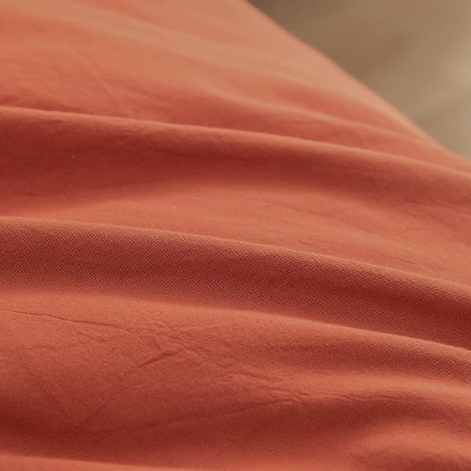 BESTOUCH Duvet Cover Set 100% Washed Cotton Linen Feel Super Soft Comfortable Chic Lightweight 3 PCs Home Bedding Set Solid Burnt Brick Red Full/Double