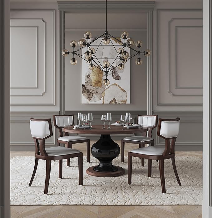 Manhattan Comfort Pulitzer Faux Leather Dining Chairs Set of 2, Solid Beech Wood with Walnut Finish, Iconic Greek Design, Fully Assembled Accent Kitchen Furniture, Silver