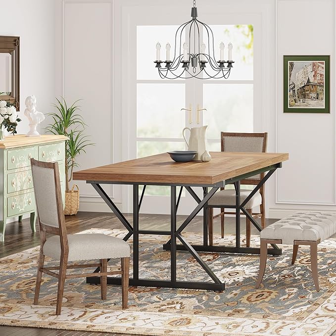 Tribesigns Farmhouse Dining Table for 6 People, 70.8-Inch Rectangular Wood Dining Table, Rustic Kitchen Table with Heavy Duty Metal Legs for Dining Room (Light Brown, 70.8 Inch)
