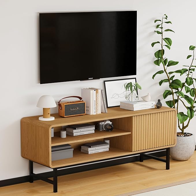 TV Stand,Mid Century Modern Entertainment Center with 2 Open Shelves，Farmhouse TV Media Console Table for Living Room,Bedroom,Television Stand up to 50 Inches,Yellow Oak