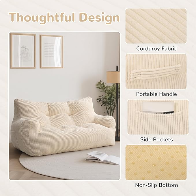 Pamapic Bean Bag Chair,2 Seat Loveseat Sofa,Ultra Soft Dutch Velvet,Fluffy Comfort Washable Cover,Corduroy Lazy Sofa Bed for Adults,Fit Living Room, Bedroom,Outdoor Spaces,White