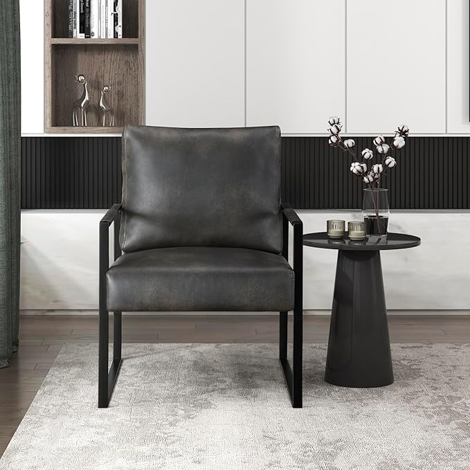 Lexicon Modern Accent Chair, Faux Leather Upholstered Living Room Chair With Wrapped Armrests, Arm Chair With Black Metal Frame,Comfy Single Chair For Living Room/Bedroom/Reading Room/Office,Dark Grey