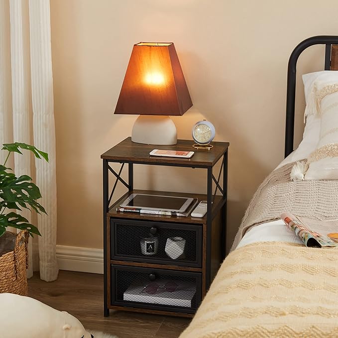 VECELO Modern Night Stand, End Side Table with Storage Space and Door, Nightstands with Flip Drawers for Living Room,Bedroom,Lounge,Set of 2, Brown