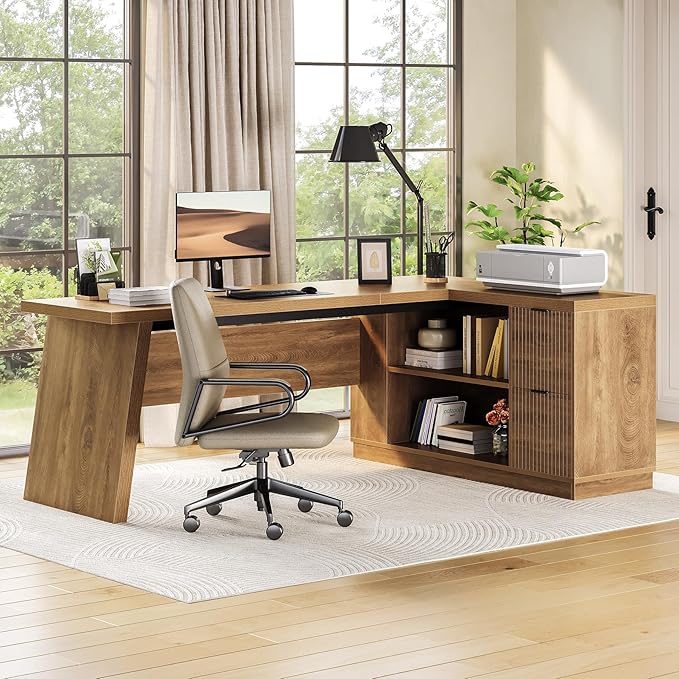 LITTLE TREE 78-Inch L-Shaped Executive Desk, Modern Desk with Drawers & File Cabinet, Large Walnut Office Workstation with Storage Shelves for Home Office