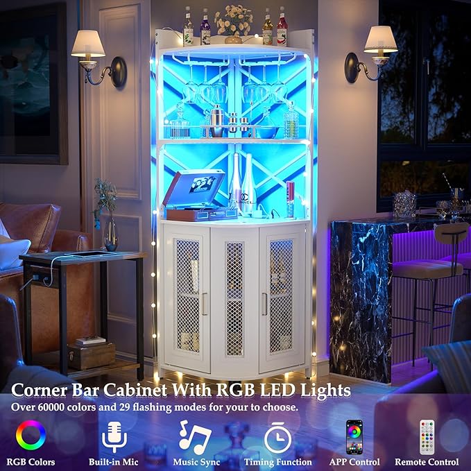 Aheaplus Corner Bar Cabinet with Power Outlet, Industrial Wine Cabinet with LED Strip and Glass Holder, 5-Tiers Liquor Cabinet Bar Unit for Home, Corner Display Cabinet for Small Space, White