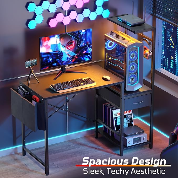 Bestier Gaming Desk with LED Lights, 44 Inch Reversible Computer Desk with Drawers & Storage Shelves for Small Spaces, PC Gamer Table with Storage Bag & Side Hook, Black