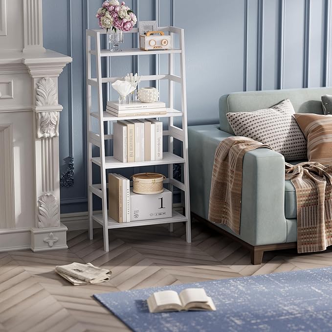 HITNET White Ladder Bookshelf, Leaning Bookcase, 4-Tier Bamboo Shelf, Floor Standing Storage Shelving Unit, Open Display Book Shelves