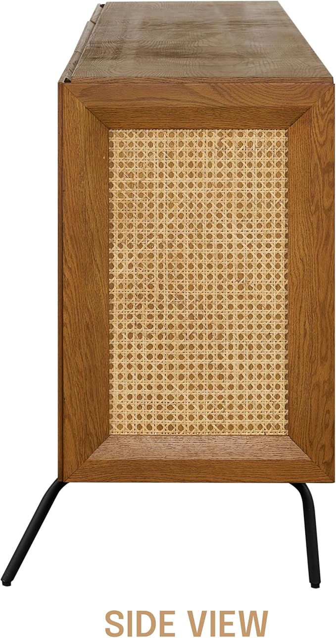NTC MOSSIC Sideboard with 2 Doors and 3 Drawers, Buffet Cabinet with Natural Rattan and Metal Legs, Modern Storage Cabinet for Living Room, and Hallway, Effortless Assembly - Rustic Oak
