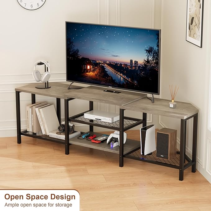 GarveeHome 67 Inch Large TV Stand with LED Lights for 55/65/75 Inch TV, Corner Entertainment Center with Power Outlets, 4 Open Storage Shelves, Media Console for Living Room, Bedroom, Grey