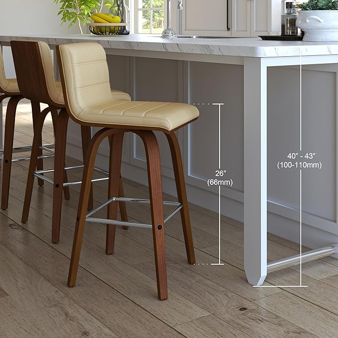 Armen Living Vienna Modern Swivel 26" Counter Height Barstool with Cream Faux Leather and Walnut Wood Finish