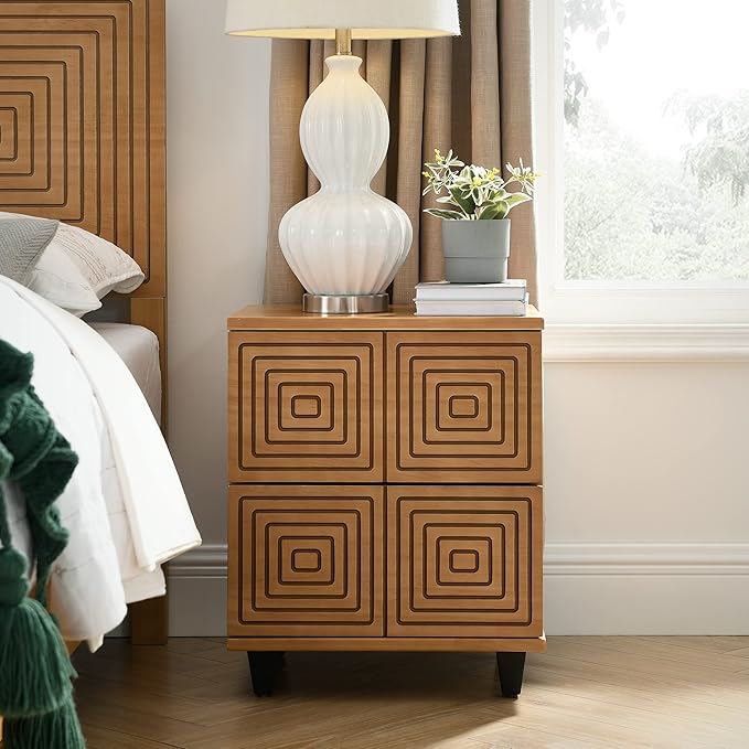 MUSEHOMEINC Wood Nightstand with 2 Drawer Storage, Modern Wood Bedside Table, Night Stand with Two Unique Geometric Details Drawers for Bedroom,Living Room