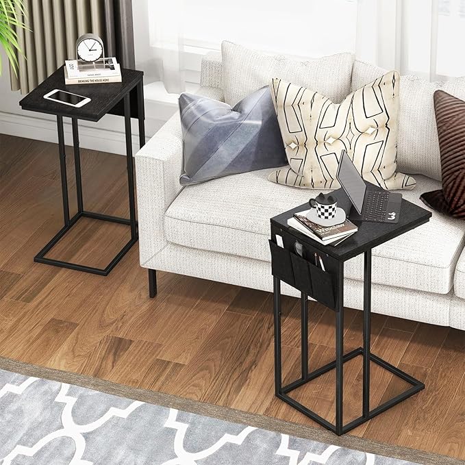 C Shaped End Table Set of 2, Side Table for Living Room, Couch Tables That Slide Under, TV Tray Snack Table for Sofa, Black