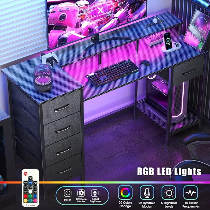 47 Inch Computer Gaming Desk with Power Outlets & LED Lights Reversible Home Office Desk with Adjustable 5 Fabric Storage Drawers for Working Writing Study, Carbon Fiber Black