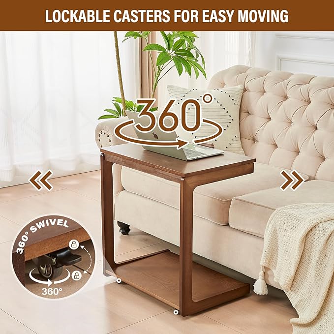 CozyDH Adjustable C Shaped End Table, Rolling Side Table Solid Wood TV Sofa Tray Table for Couch Arm Eating Multi-Purpose, Small Coffee Table with Wheels Living Room Bedroom, Walnut