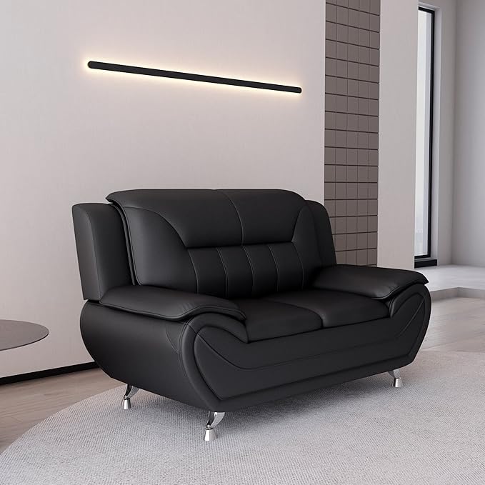 Container Furniture Direct Michael Modern Faux Leather Upholstered Stainless Steel Legs Living Room, Chair, Loveseat, Sofa, Black