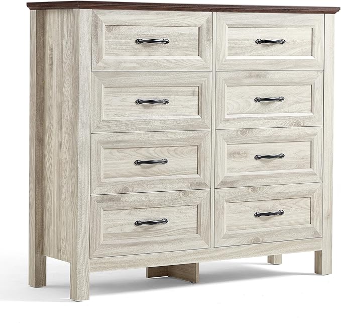 LINSY HOME 8 Drawers Dresser for Bedroom, 47" Wide Wooden Storage Chest with Antique Handles, Modern Farmhouse Dresser TV Stand with Wood Legs for Closet, Living Room, Hallway, Beige