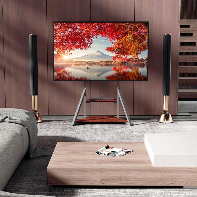 unho Floor TV Stand with Mount, for 40 45 55 65 75 inch Corner tv Stand with Wheels Adjustable Height Bracket Heavy Duty 2 Wooden Shelves Base VESA 600x400mm Max Load Bearing 176 pounds