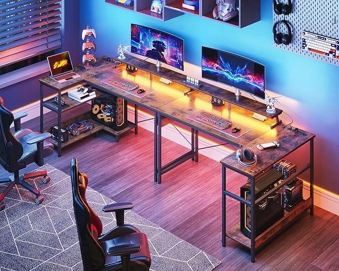 ODK 48 Inch Gaming Desk with USB Charging Ports and LED Lights, Reversible L Shaped Computer Desk with Storage Shelves & Monitor Stand, Corner Home Office Desk Table with Power Outlets, Vintage