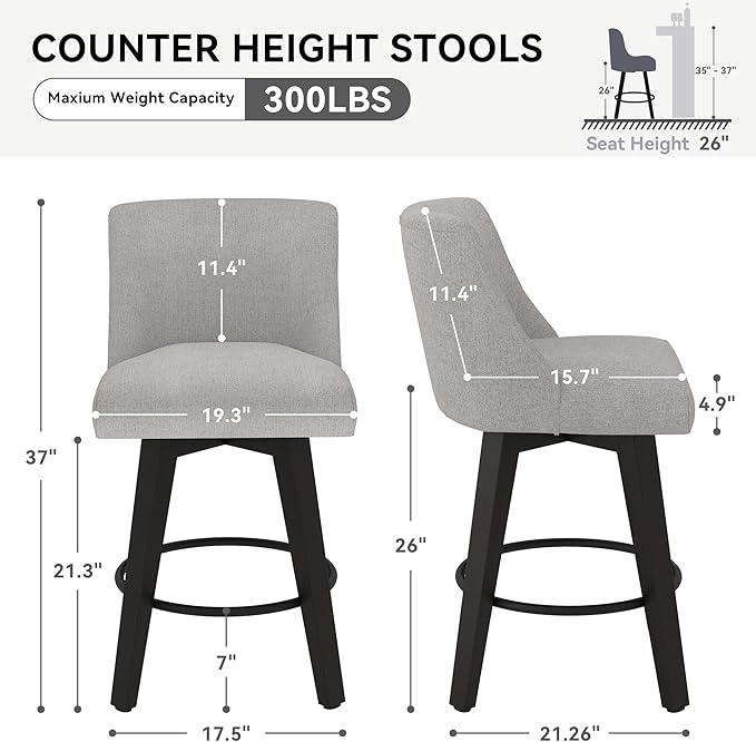 Counter Height Swivel Bar Stools Set of 3, 26 Inch Bar Stools with Footrest, Linen Fabric Upholstered Barstools with Back and Solid Wood Legs for Kitchen Island, Dining Room,Pub,Light Grey