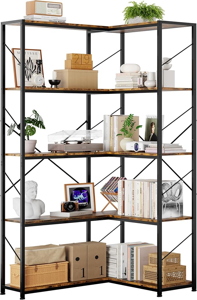 Shintenchi 5 Tier Corner Bookshelf,L Shaped Bookcase,Large Etagere Bookcase,Corner Shelf Display Storage Rack with Metal Frame for Living Room Bedroom Office,Rustic Brown