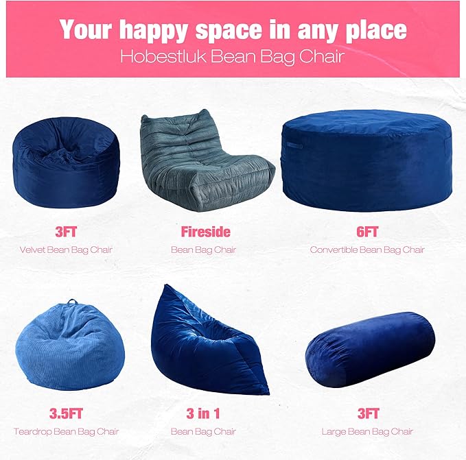 Hobestluk 3FT Bean Bag Chair Large Beanbag with Removable Cover Adult Bean Bag Chair with Portable Handle Desgin for Living Room Bedroom (Blue, 3FT)