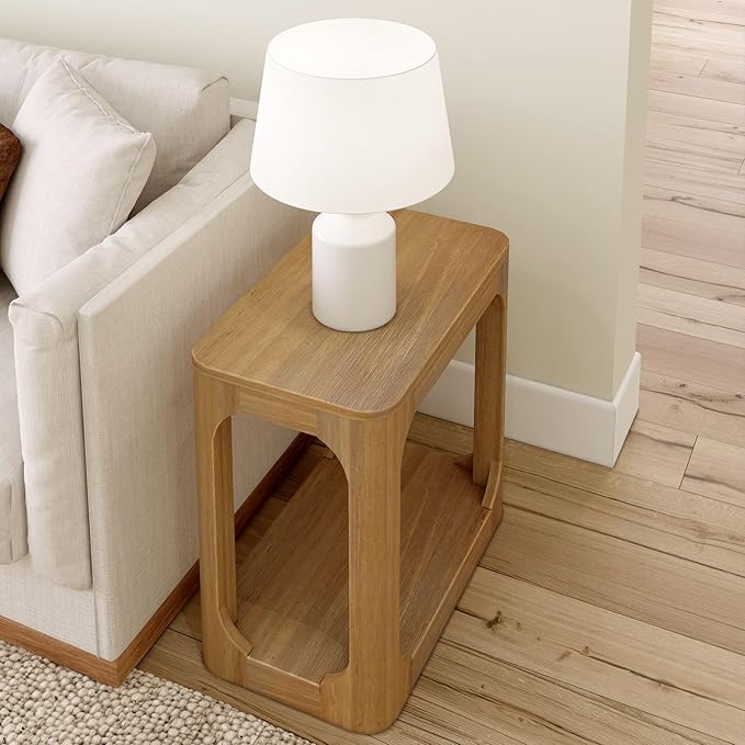 Plank+Beam Modern Rounded Rectangular Side Table with Shelf, Solid Wood End Table for Living Room, 25in, Pecan