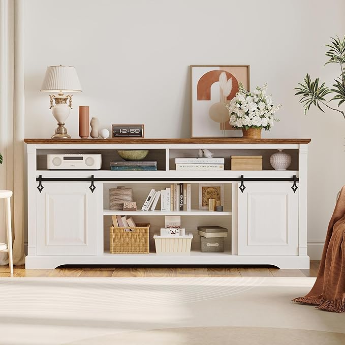 IRONCK Farmhouse TV Stand for 75+ Inch TV, 70" Entertainment Center with Storage Cabinets and Sliding Barn Door, Media Console for Living Room, White