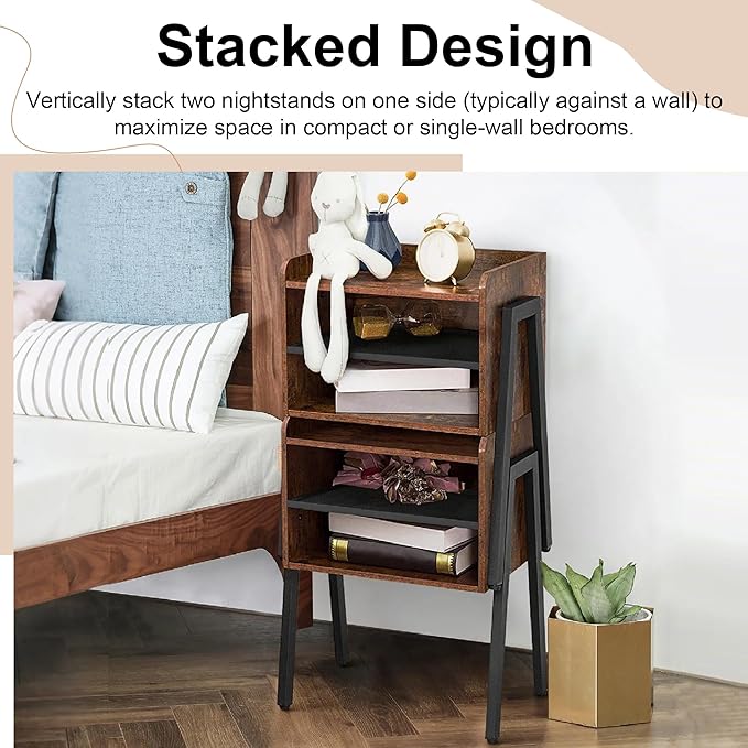 VECELO Nightstand Set of 2,Industrial Side End Table/Stackable Accent Furniture with 2-Tier Open Storage Compartments for Bedroom, Living Room and Small Spaces