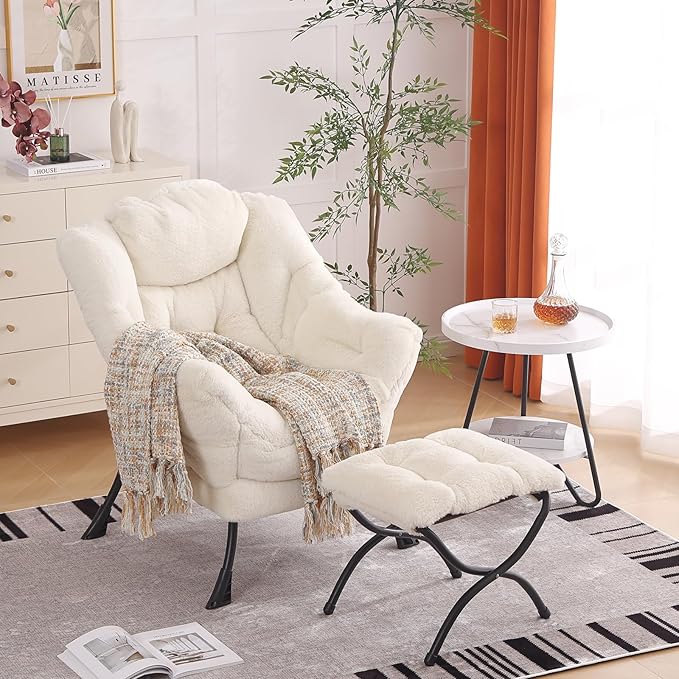 Lazy Chair with Ottoman, Modern Chair with Folding Footrest, Lounge Accent Chair, Comfortable Reading Chair for Bedroom, Study, Living Room, Courtyard (Plush Beige)