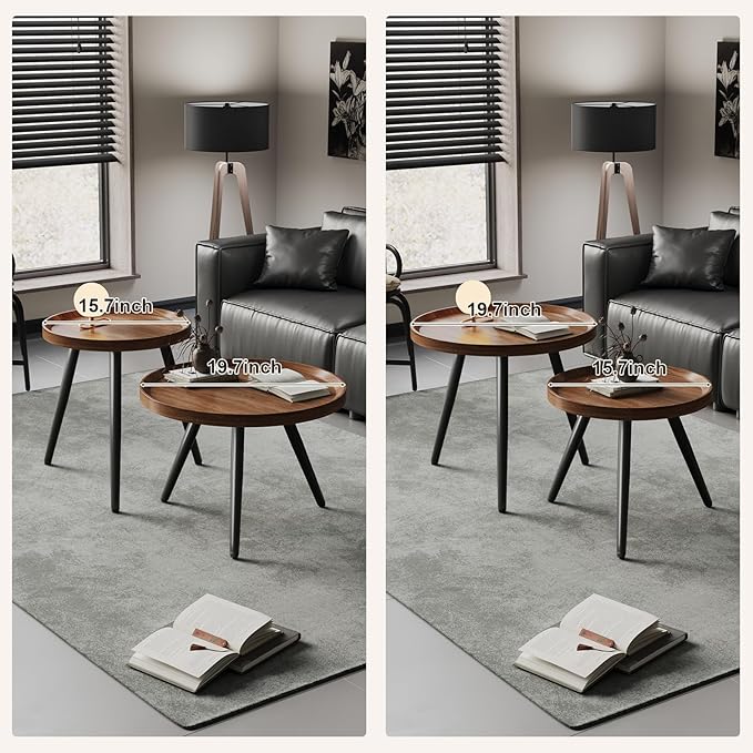 Small Round Coffee Table Set of 2, Walnut Coffee Tables for Living Room, Mid Century Modern Nesting Coffee Table, Wood Circle Center Tables, Black Wooden Side End Table, mesa de Centro para sala
