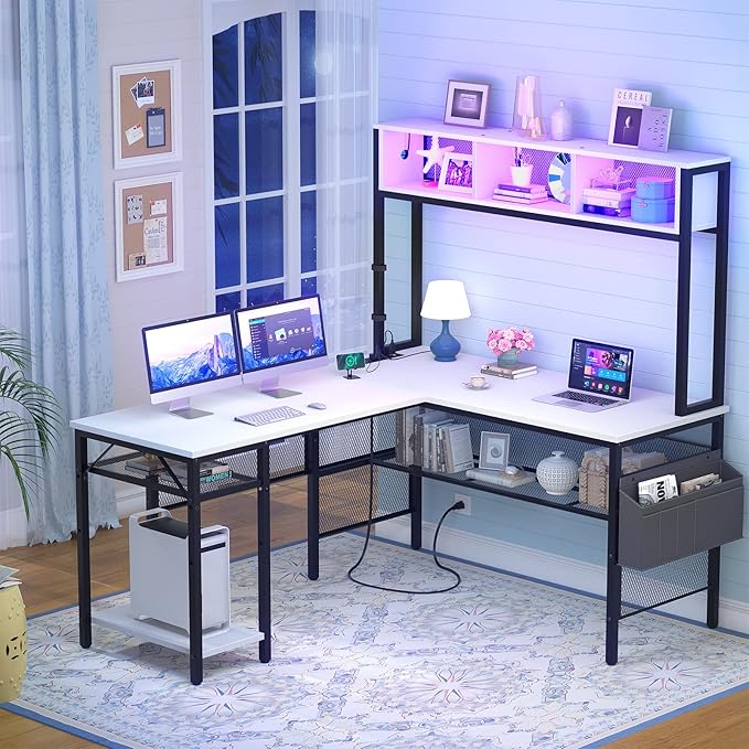 Unikito L Shaped Computer Desk with LED Strip and Power Outlets, Storage Shelves and Bag, Industrial Reversible Gaming Table Writing Corner Desk for Home Office Workstation, White