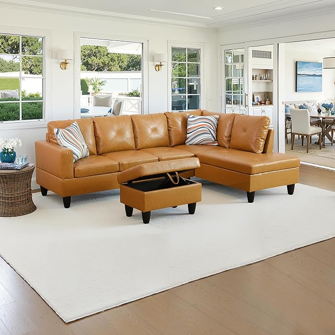 NicBex Sectional Couch 3 Pieces Sofa Set with Left Chaise Faux Leather L Shaped Cloud Couch for Living Room Furniture Sets with Storage Ottoman, Modular Sofa for Living Room & Apartment, Ginger