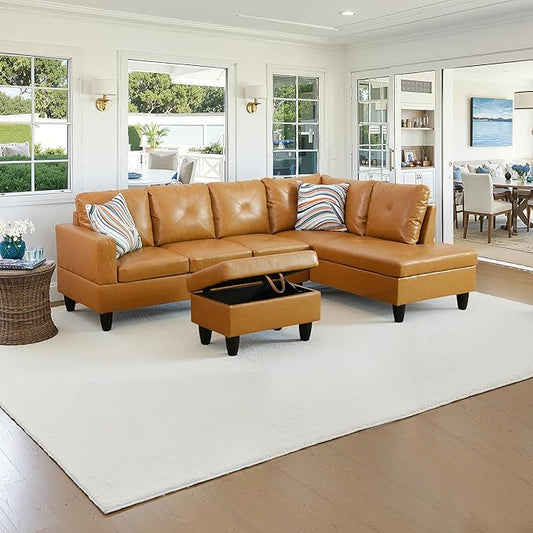 NicBex Sectional Couch 3 Pieces Sofa Set with Left Chaise Faux Leather L Shaped Cloud Couch for Living Room Furniture Sets with Storage Ottoman, Modular Sofa for Living Room & Apartment, Ginger