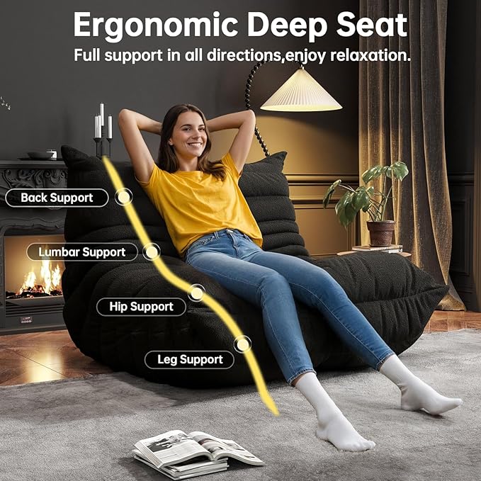 Bean Bag Chairs for Adults, BeanBag Reading Chair Memory Foam Couch, Floor Chair Soft Teddy Material, Comfy Reading Nook Chairs for Bedroom Living Room Office (Black)