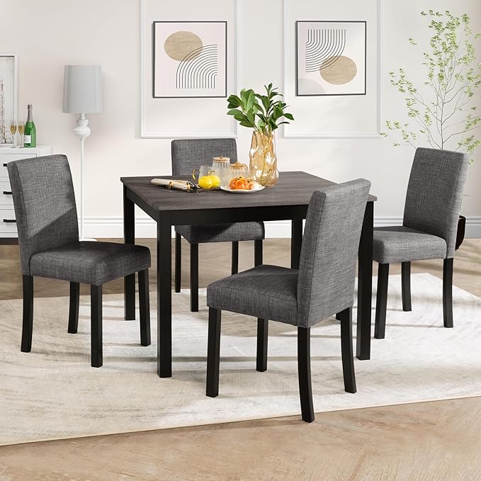 KEIKI 5-Piece Standard Height Dining Table Set with Square Table and 4 Upholstered Curved Backrset Chair, for 4 Person, Modern Wooden Table Set, Easy Assembly, for Kitchen, Dining Room, Black+Gray