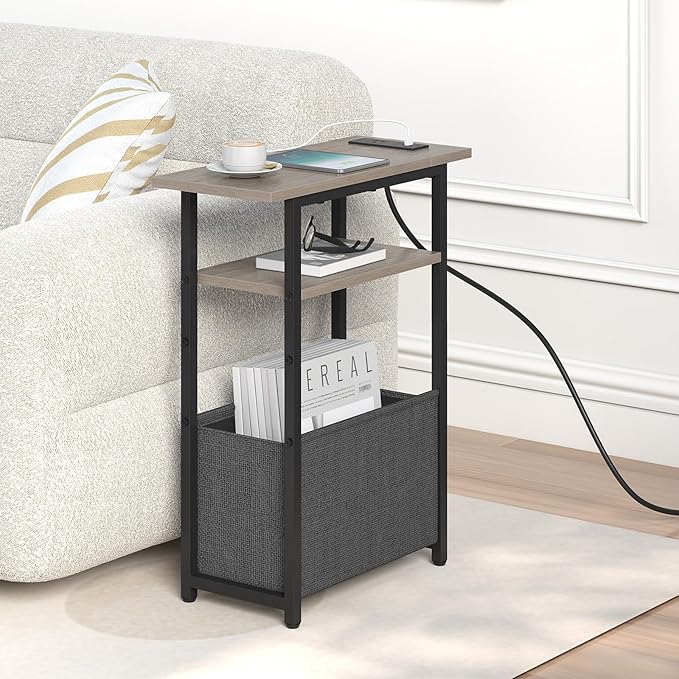 Narrow Side Table with Charging Station, Small End Table for Small Spaces, Skinny Nightstands with Storage Basket, 3 Tier Sofa Couch Bedside Tables for Living Room,Bedroom, Grey