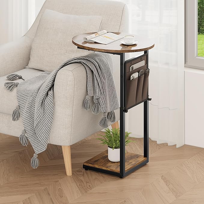 Vagusicc C Shaped End Table, Adjustable Height Small Side Table for Couch and Recliner, 32" Tall Couch Side Table Slide Under Sofa Tray Desk with Storage Bag for Living Room and Bedroom, Brown