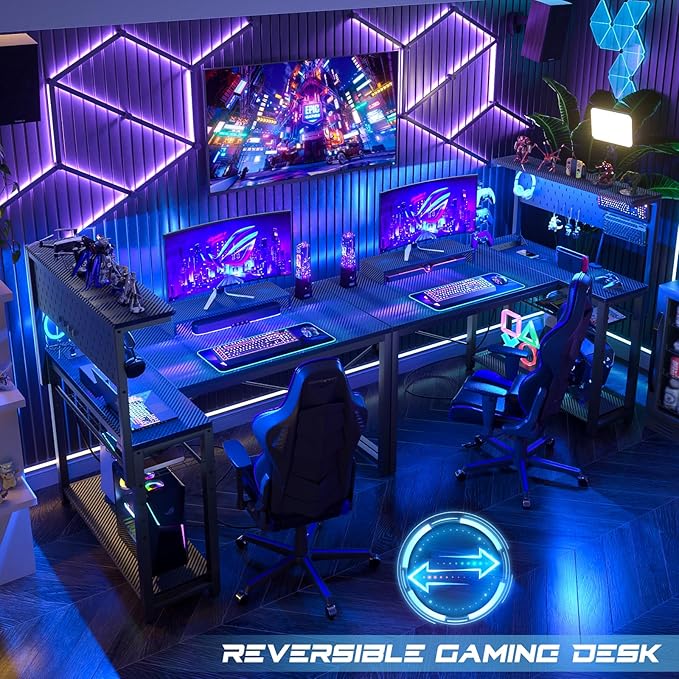 Homieasy Small Gaming Desk with Power Outlets Pegboard LED Light, 43 Inch L Shaped Computer Desk with Monitor Stand Storage Shelves, Reversible Corner Desk with Headset Hooks, Carbon Fiber Black